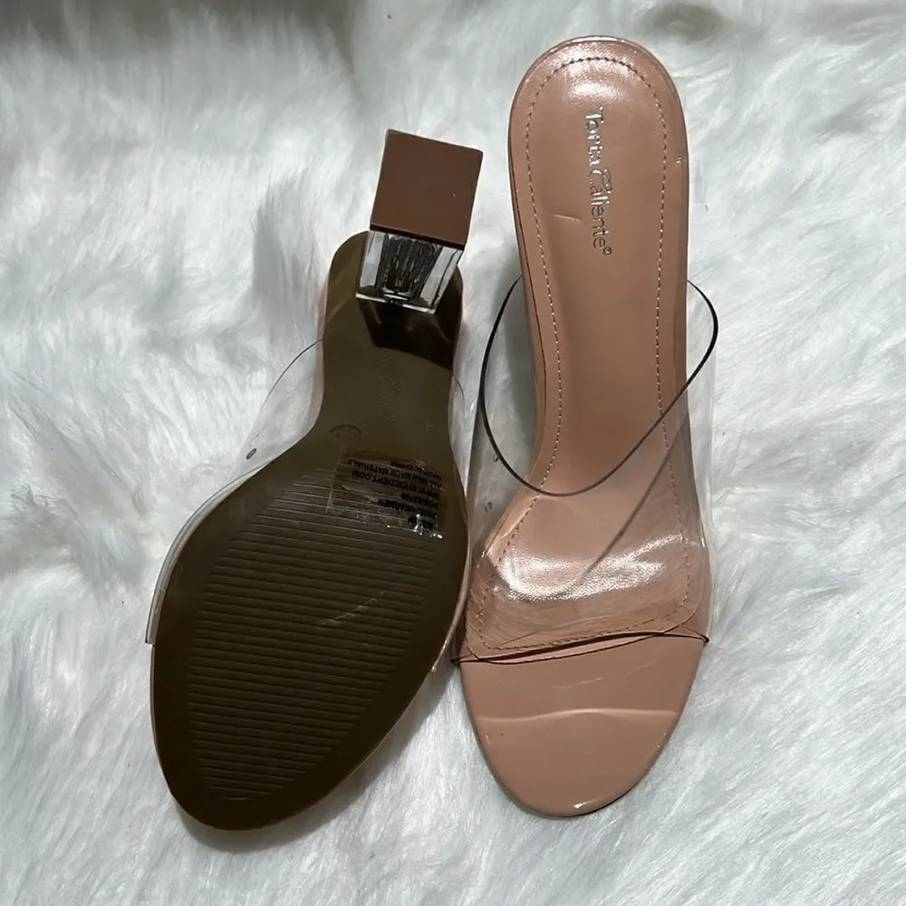 Torta Caliente (Size 8.5M) Clear/Nude‎ Open Toe Slip-on Block Heel. B76
